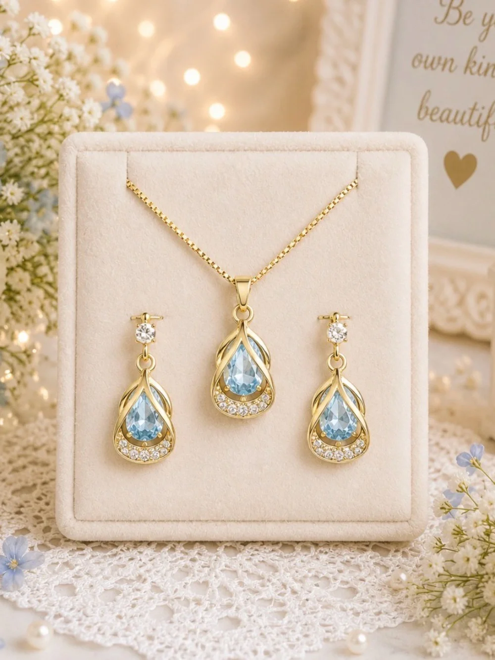 Gold-Tone Blue Teardrop Pendant Necklace & Earrings Set-NWOT
